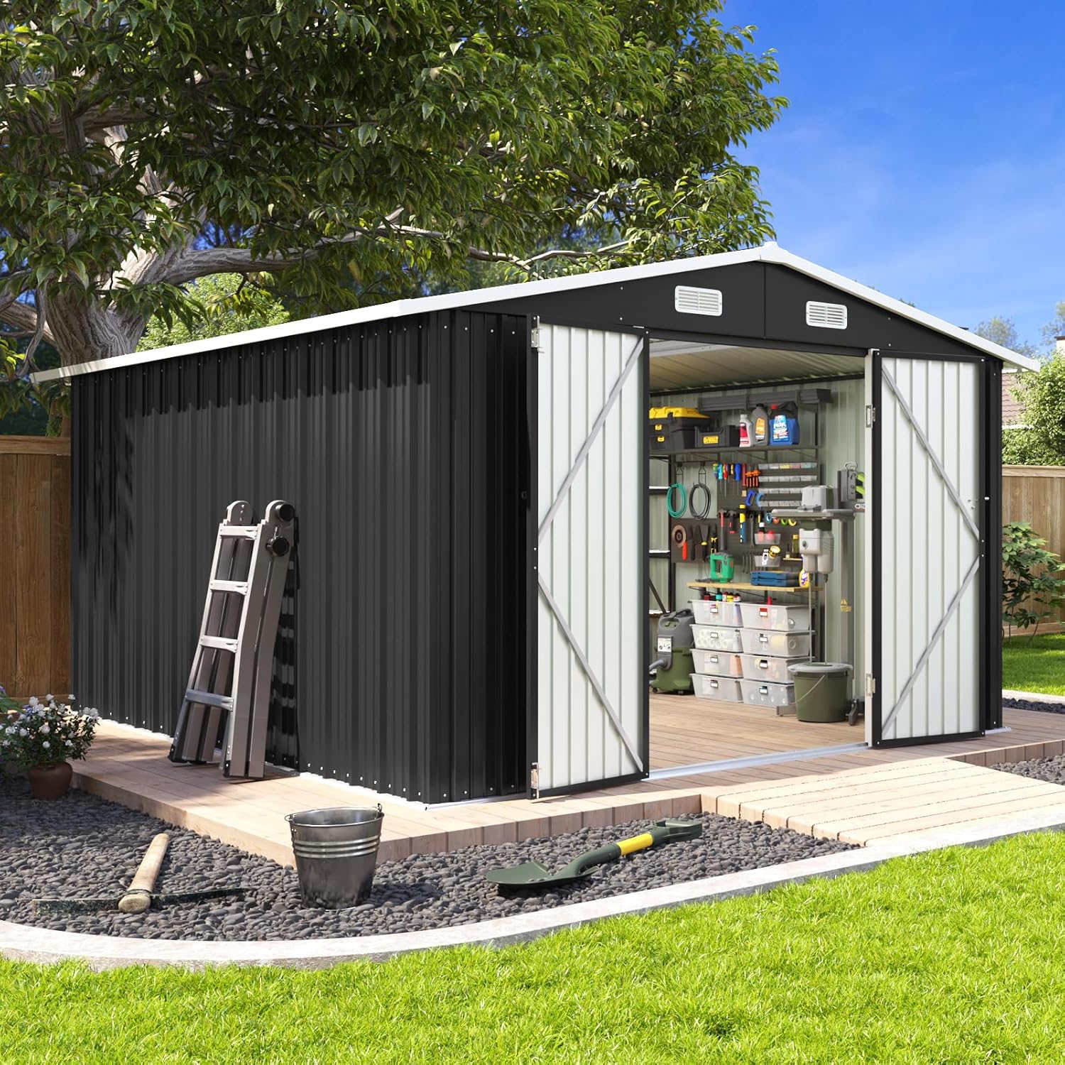 7c5d68c20b0296b2aa1e88161db0c0cdcea6efc8b733b1b50bda3880ba80e4e8 Aoxun 10 x 12FT Outdoor Storage Shed with Double Hinged Large Door Utility Garden Shed(Brown/10'x8'w/Base)