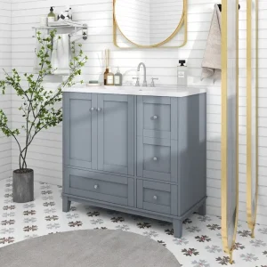 36 Inch Bathroom Vanity with USB Charging, Resin Sink, Solid Wood Frame, 3 Drawers Storage(Grey)