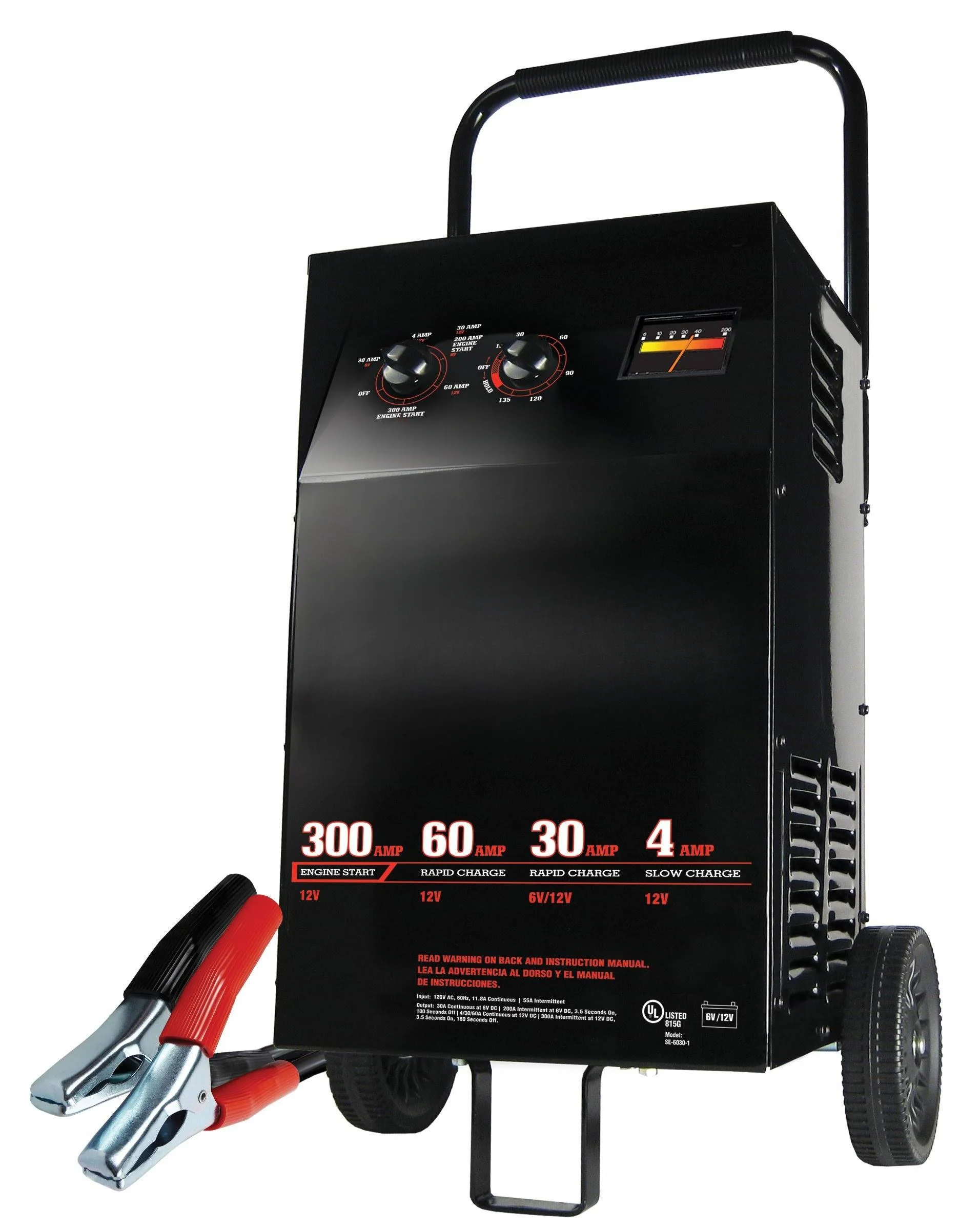 7d2d2c9e9553b785d53d2b0069505b2ed81531f6c8853013c5554bca0d168df5 Electric Wheeled Battery Charger and Engine Starter, 2-in-1, manual timer control, 300 crank amps, 6 volts, 12 volts, for car, SUV, truck and Marine batteries