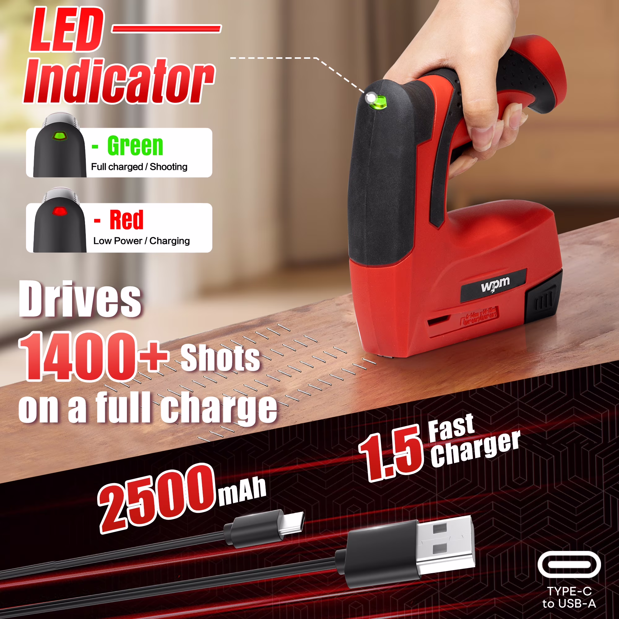 WPM Electric Staple Gun, 3 in 1 Cordless Staple Gun for Wood, 4V Rechargeable Staple Gun Kit w/ 1500 Staples Nails, Staple Remover & Fast Charger for Crafts, DIY, Decoration