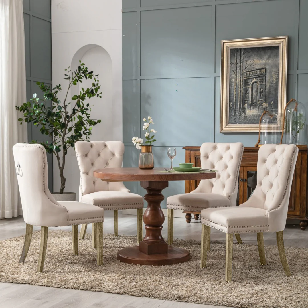 7d9726493929b8eff076e3f6f2fc4b1861146a17e4454d7e7ccd9bc52faa961b 6x Velvet Dining Chairs Upholstered Tufted Kithcen Chair with Solid Wood Legs Stud Trim and Ring-Beige