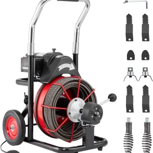 Drain Cleaner Machine 100FT x 1/2 Inch, Auto Feed Sewer Snake Auger on Wheels, 550W Portable Drain Cleaning Machine with 8 Cutters  Air-activated Foot Switch for 2