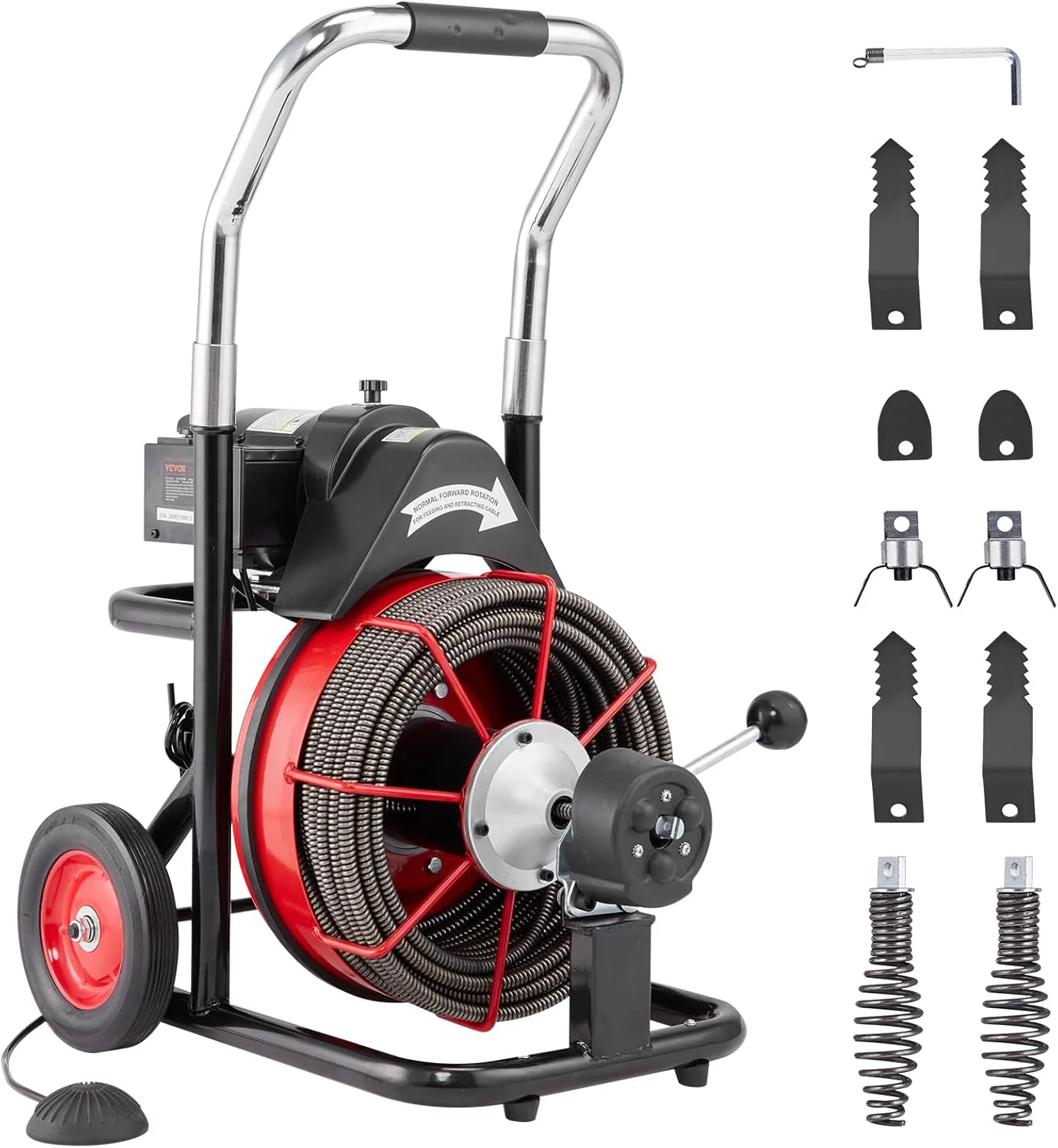 7dbd6c046edd9274f3c0aedb885190fcd7b7c6a54464239c9c1eb0c42a59cac8 Drain Cleaner Machine 100FT x 1/2 Inch, Auto Feed Sewer Snake Auger on Wheels, 550W Portable Drain Cleaning Machine with 8 Cutters Air-activated Foot Switch for 2" to 4"" Pipes(100FT x 1/2 Inch)"
