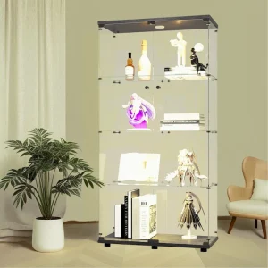 Lighted Two Door Glass Cabinet Glass Display Cabinet with 4 Shelves, Black(Black)