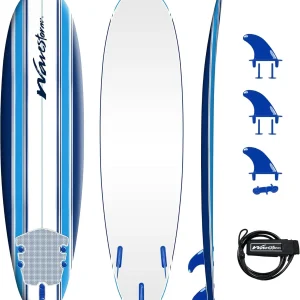 Wavestorm - Classic Soft Top Foam 7ft Surfboard Surfboard for Beginners and All Surfing Levels Complete Set Includes Leash and Multiple Fins Heat Laminated, Blue Pinline (AZ22-WSSF700-PIN)(Surfboard)