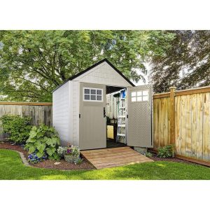 Rubbermaid 7¡Á7 Ft Durable Weather Resistant Resin Outdoor Garden Storage Shed with Windows and Utility Hooks, Sand