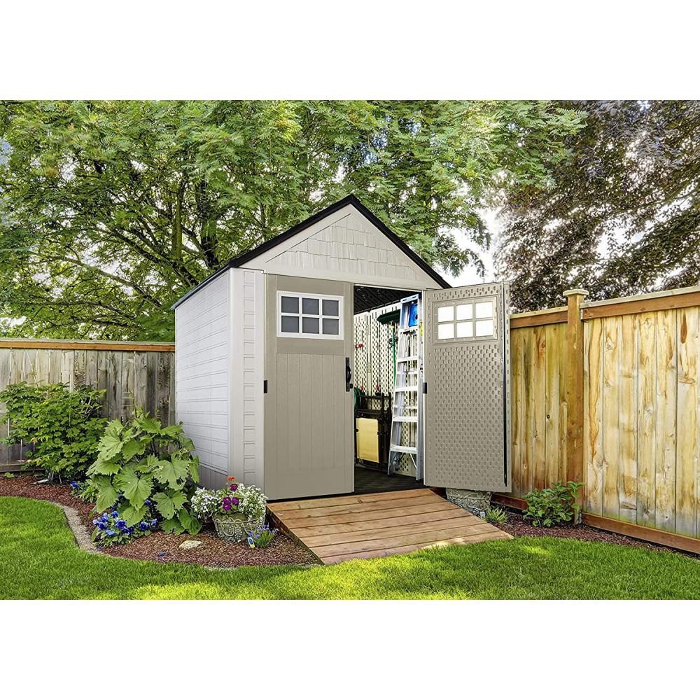 7f88698cbf72a5ae2e34f1e787d9d9e04d9d5ffc46c3804e3f02db0a7a940b53 Rubbermaid 7¡Á7 Ft Durable Weather Resistant Resin Outdoor Garden Storage Shed with Windows and Utility Hooks, Sand