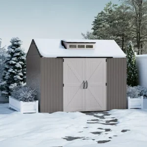 Rubbermaid Resin Outdoor Storage Shed With Floor (7 x 7 Ft) Weather Resistant Gray Organization for Home/Backyard/Garden Tools/Lawn Mower/Bike Storage/Pool Supplies(7'x7'/Gray)