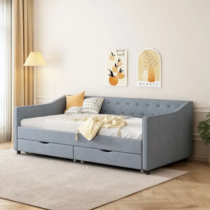 8062f4cbcacc8a6f43aa59d3266311a58c268ce685c729bd9c44e9e25bc6118f Twin Size Daybed with Drawers Upholstered Tufted Sofa Bed(Light Grey)