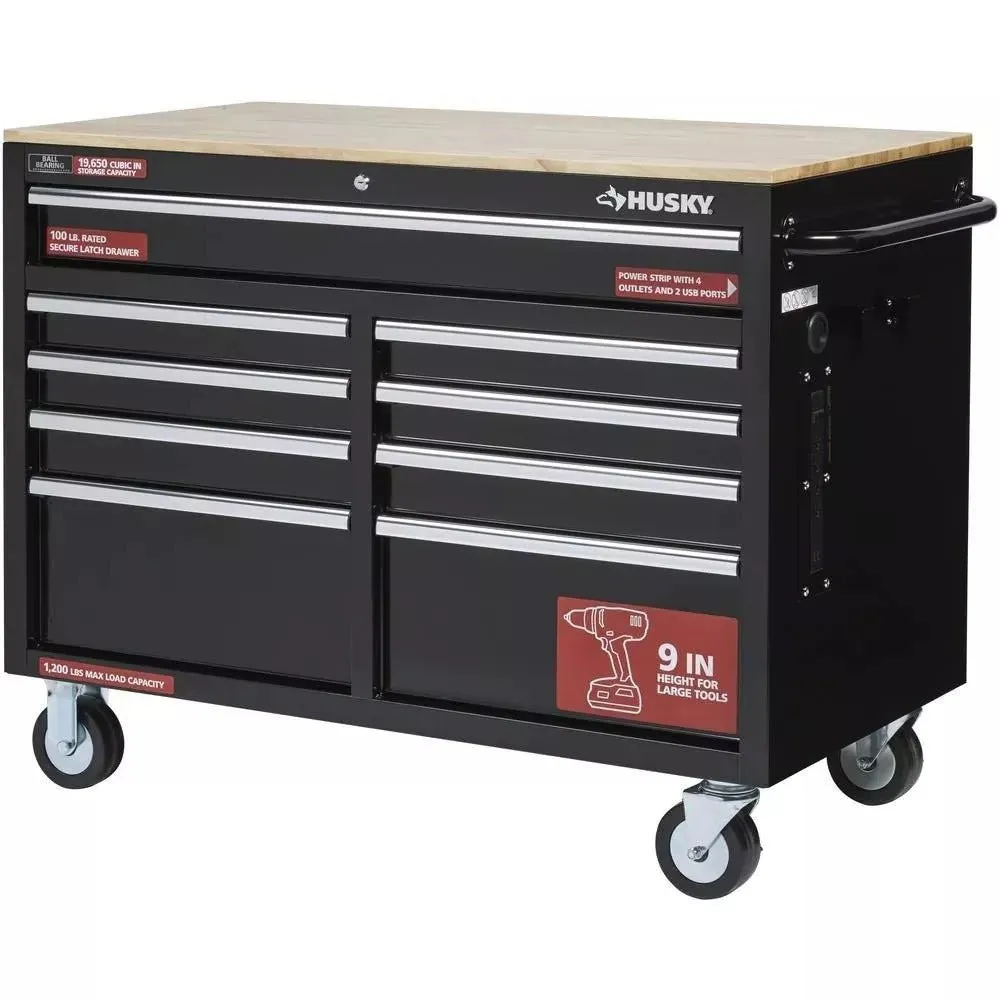 80ce46695850ce3a4e00e9a27dad2824ad43a2ce37a39e15dec2c97ead69522f 46 in. W x 24 in. D 9-Drawer Gloss Black Deep Tool Chest Mobile Workbench
