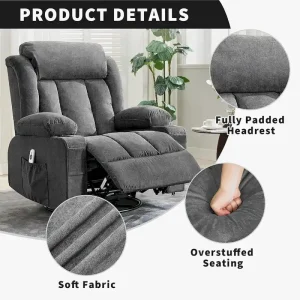 Recliner Chair, Rocking Chairs with Massage and Heat, Side Pockets and Cup Holder(Grey)