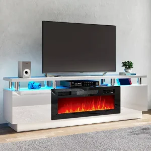 70 TV Stand with 36 Fireplace and Adjustable Shelves(White)