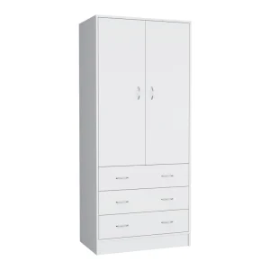 19  Modern Double-door Armoire with 3 Drawers and 1 Hanging Rod for Bedroom(White)