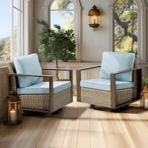 Cozywor 2-Piece Patio Wicker Outdoor Rocking Chair with Metal Frame and Cushions(Baby Blue)