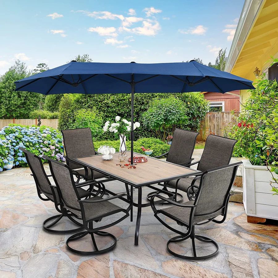 nutrigardens 2025 8 Pieces Patio Dining Set with Umbrella,Outdoor Furniture Set with 6 Sling Dining Swivel Chairs(Beige)