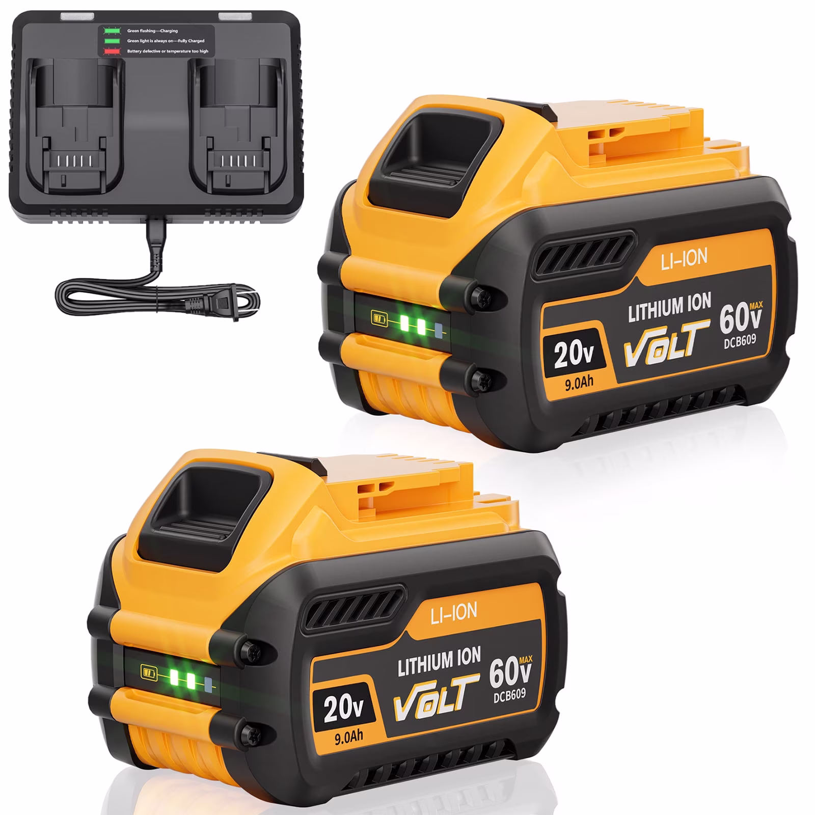 2 Pack 20v/60v 9Ah DCB606-2 DCB609-2 Battery for Dewalt 20v 60v Max 9Ah DCB609 6Ah DCB606 Flexvolt Battery 20V Max XR 8Ah DCB208-2 6Ah DCB206-2 5Ah DCB205-2 4Ah Lithium-ion Battery with 1 Charger