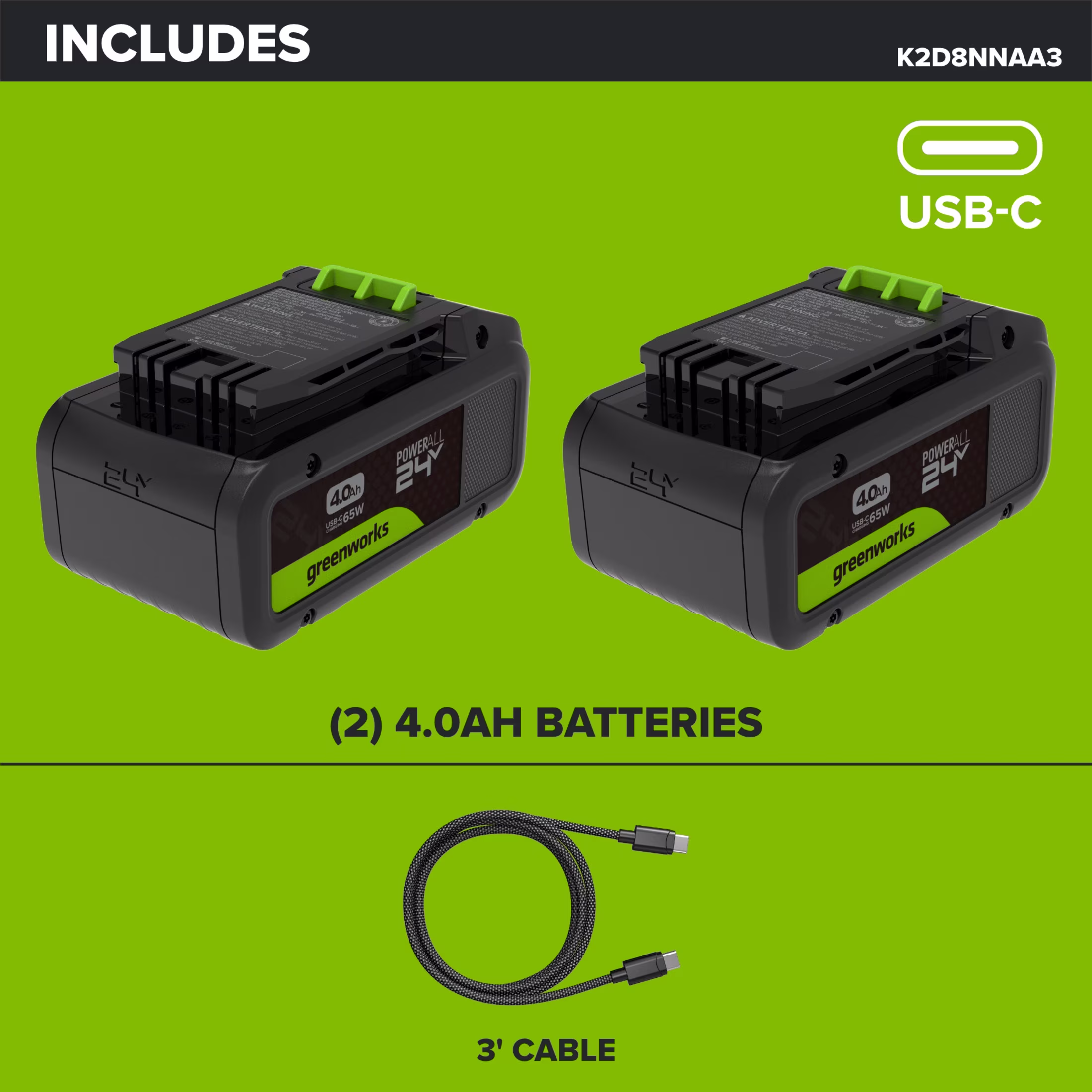 Greenworks PowerAll 24V Battery 2-Pack, (2) 4.0Ah Battery and Cable, K2D8NNAA3