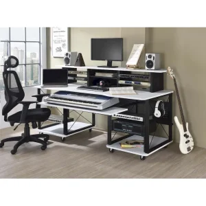 Rectangular Music Desk with 8 Wheels and 1 Keyboard Tray(Black)