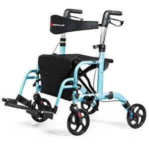 2 in 1 Rollator Walker Wheelchair Folding Medical Walker, Aluminum Transport Chair Mobility Walking Aid(Blue)