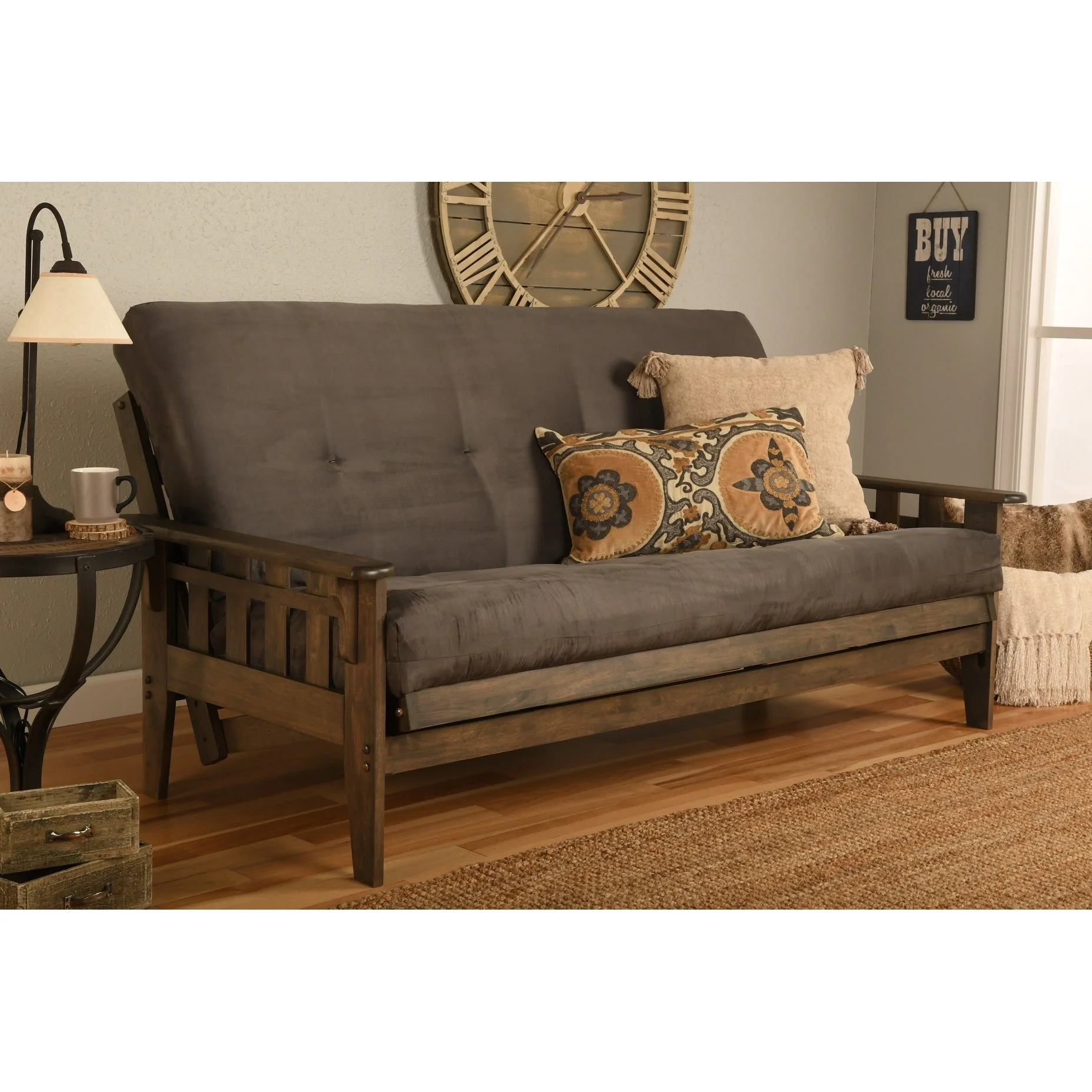 8584d7c19f443492217e1de8e1540a87022f1978bee9ce7d7148b5203b095c55 Somette Tucson Full-size Rustic Walnut Futon Set with Mattress(Suede Grey)