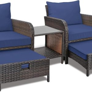 LEVELEVE Balcony Furniture 5 Piece Patio Conversation Set, PE Wicker Rattan Outdoor Lounge Chairs with Soft Cushions 2 OttomanGlass Table for Porch, Lawn-Brown Wicker(Dark Blue)