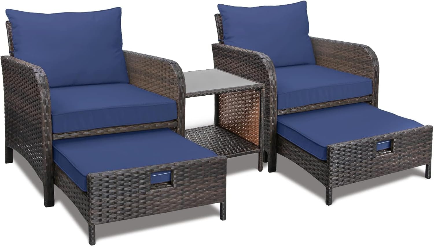 8602168a47814176013efa2ef920792d98b8ea57a519b67a4f98d1b1ead06dc5 LEVELEVE Balcony Furniture 5 Piece Patio Conversation Set, PE Wicker Rattan Outdoor Lounge Chairs with Soft Cushions 2 OttomanGlass Table for Porch, Lawn-Brown Wicker(Dark Blue)