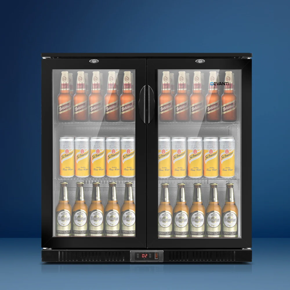 8630493741587e21438d17225a24b7adb3e57c5b4dd91be709d7b6f815e2f5a9 Devanti 198L Bar Fridge Dual Glass Door w/Light Black