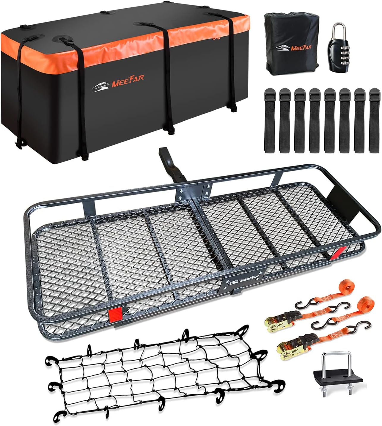865460aab9df1c252685dfd1cbc1b2db384faafa9b263075130984f1f5c5f6b0 Folding hitch mounted cargo basket 60" With hook stabilizer