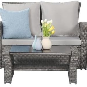 Wisteria Lane 4 Piece Outdoor Patio Furniture Sets, Wicker Conversation Set for Porch Deck, Grey Rattan Sofa Chair with Cushion ??Blue(5/Blue)
