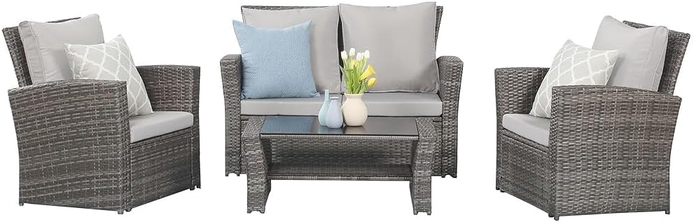 86e636335a27406eb2884ccedc4f89aae298aa06c69b394711bbc77ec8bba628 Wisteria Lane 4 Piece Outdoor Patio Furniture Sets, Wicker Conversation Set for Porch Deck, Grey Rattan Sofa Chair with Cushion ??Blue(5/Blue)