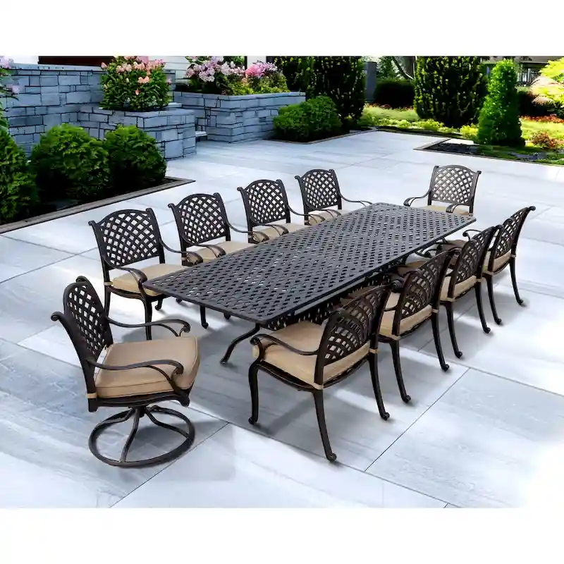 876e49cd4d1d1d6e8822d727854d5aeed44df0bfba3dc65eee4c25871b47febb Nassau 11-Piece Patio Dining Set (with 2 Swivel Rockers) and 42 x 92 / 42 x 120 Rectangular Extension Dining Table