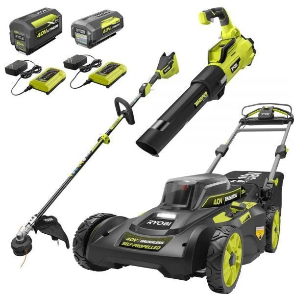 87bb373f568c4a221117e094ff4886762b794b690fdfb073e5d8d788b1c0e798 2025 40V Brushless 20-inch Self-Propelled Hand Lawn Mower, Grass Trimmer and Leaf Blower with (2) Batteries and (2) Chargers