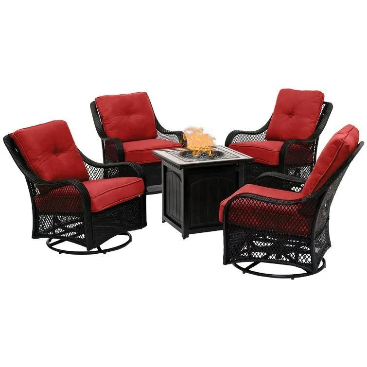 87c56b2ea273db121dc58dd4fad6c75e811c8ae8a06d8d7b143d67fcfc6d95f3 5-Piece Steel Patio Fire Pit Conversation Set with Navy Blue Cushions, Swivel Gliders and Square Fire Pit Table(Red)