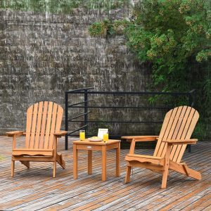 3 Pcs Slatted Design Wooden Adirondack Chair Set with Side Table  2 Folding Lounger Chairs(Default Title)