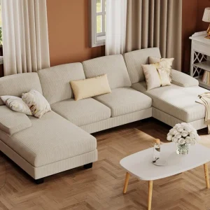 Furmax Sectional Couches for Living Room, U-Shaped Sofa Couch with Linen Fabric, 4 Seat Sofa Set with Double Chaise for Apartment (Fabric, Grey)(Grey/Fabric)