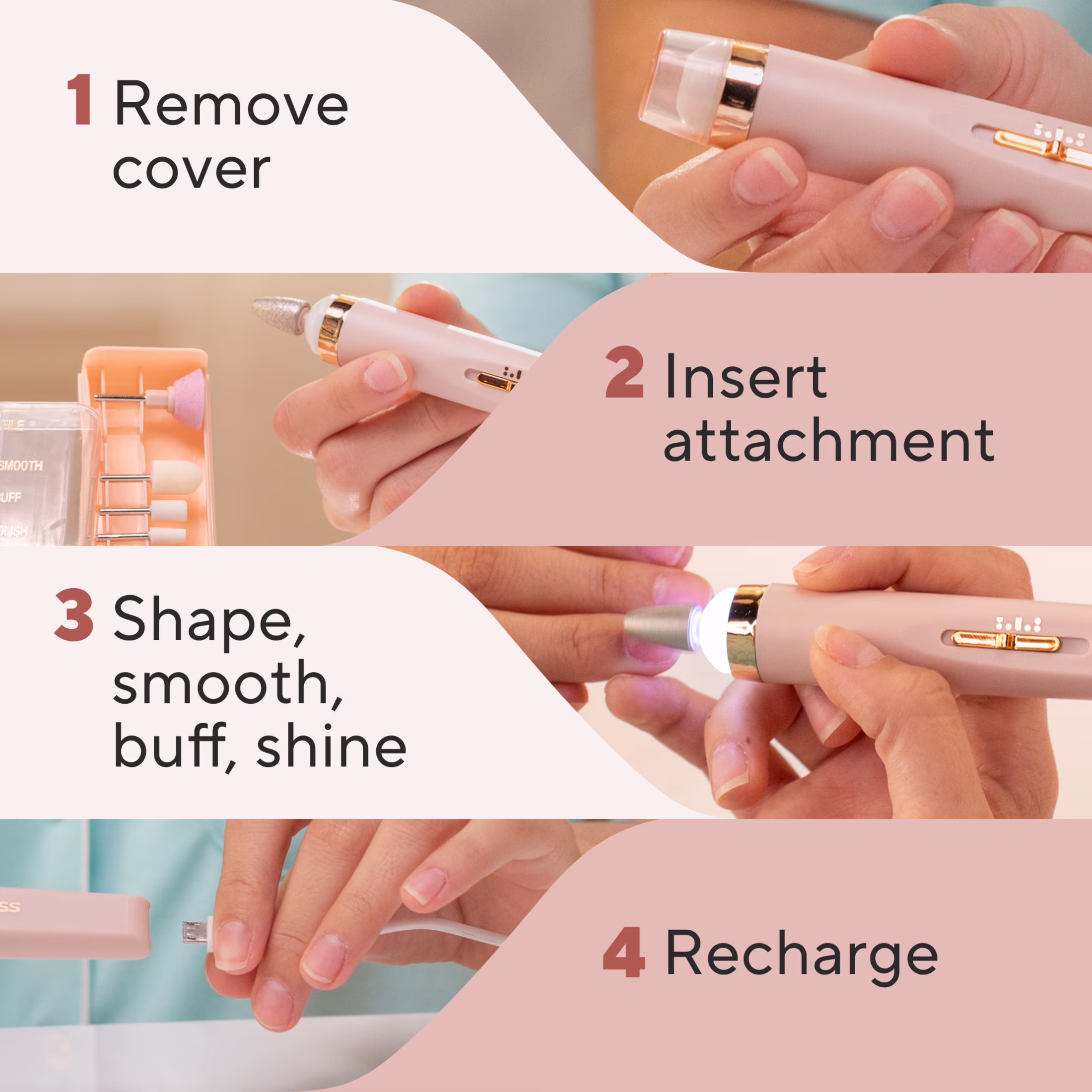 8856009b7a8da60245745b3ff2c6e995e499285bfe78b0a6c95916180ccaee1c Finishing Touch Flawless Salon Nails Rechargeable Mani Device with 6 Attachments, Pink