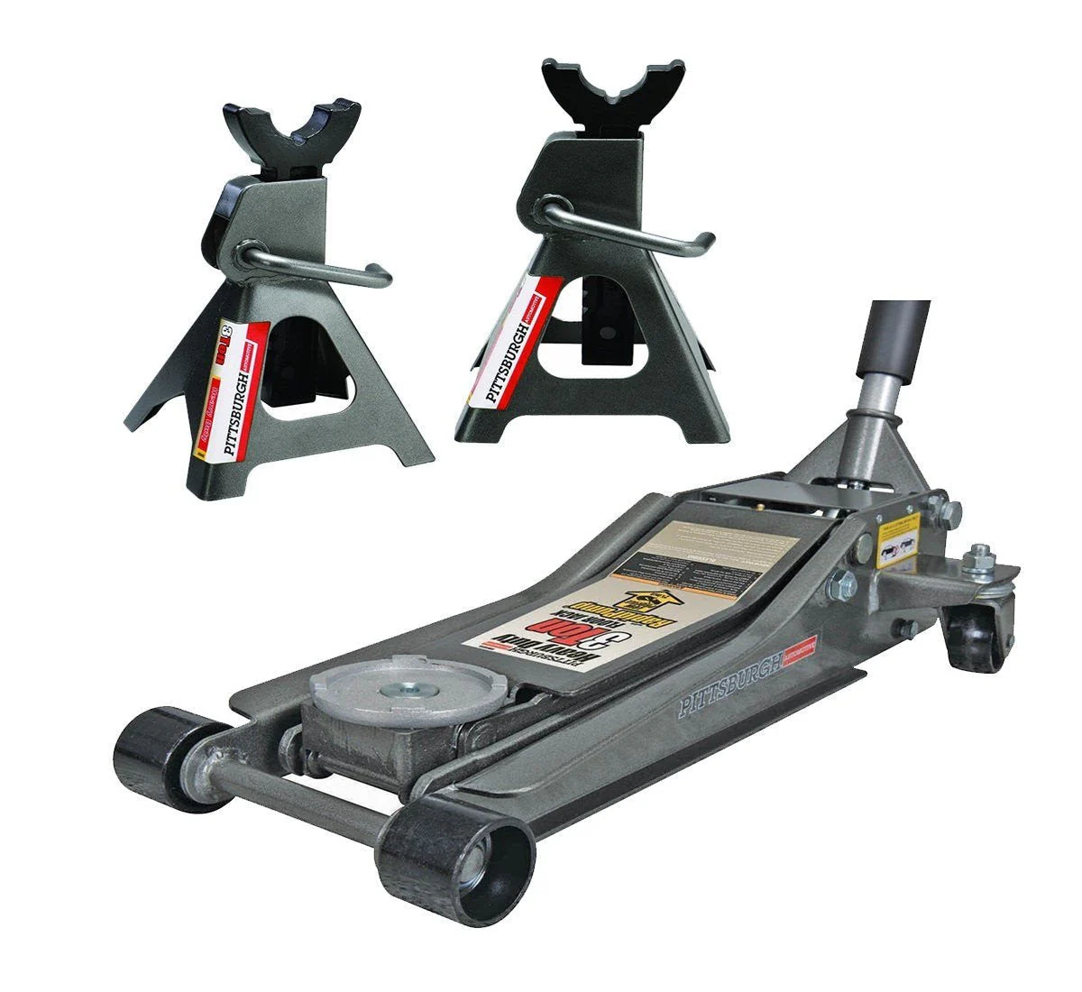 8951bb7af5982ff8e5d9b9727fd75c00694a895e40538269baa261834590f6ac Pittsburg 3 Ton Low Profile Floor Jack and Jack Stands Set Combo with Rapid Pump Quick Lift