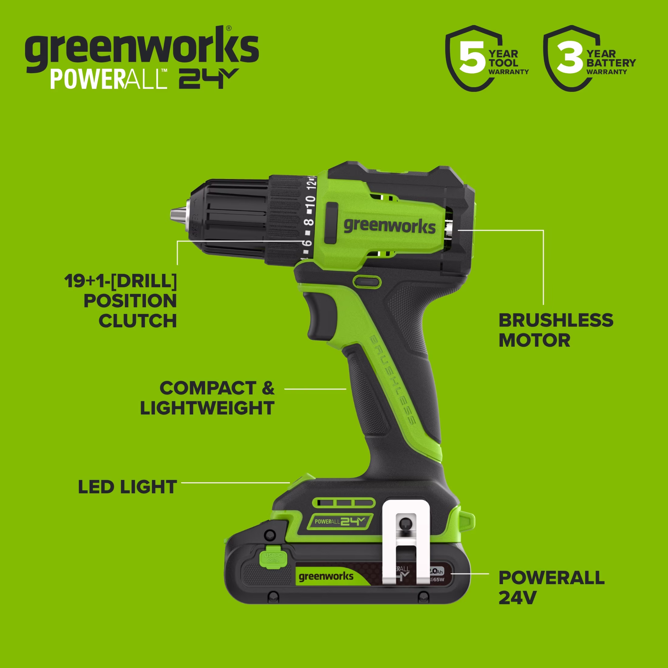 89cbb4e779fbf1c2011e37b5c2def0878530c799632805922faa2ca91ed3d4e5 Greenworks PowerAll 24V Brushless 3/8" Drill Driver with 2Ah Battery and Hand Tools, PK301A1