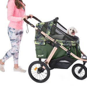 Jogging Sports Stroller with Comfort Rubber Wheels/Zipper-Less Entry/1-Hand Quick Fold/Aluminum Frame for Small/Medium Dogs, Cats and Pets (Green Camo)