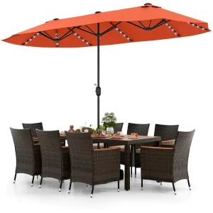 11 PCS Patio Dining Set Outdoor Rattan Furniture Set w/ 15ft Umbrella(Orange)