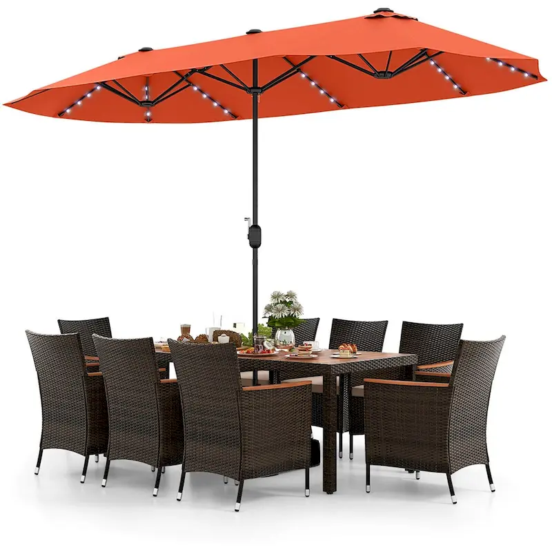 8a33a80576d6d6cd8bcc3e7230d384626d3b23f7729ff641ccdd2c4f4d43f470 11 PCS Patio Dining Set Outdoor Rattan Furniture Set w/ 15ft Umbrella(Orange)