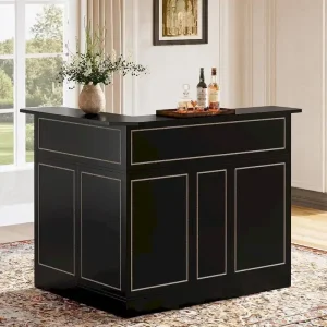 L-Shaped Bar Cabinet with Stemware Racks for Home Pub(Black)