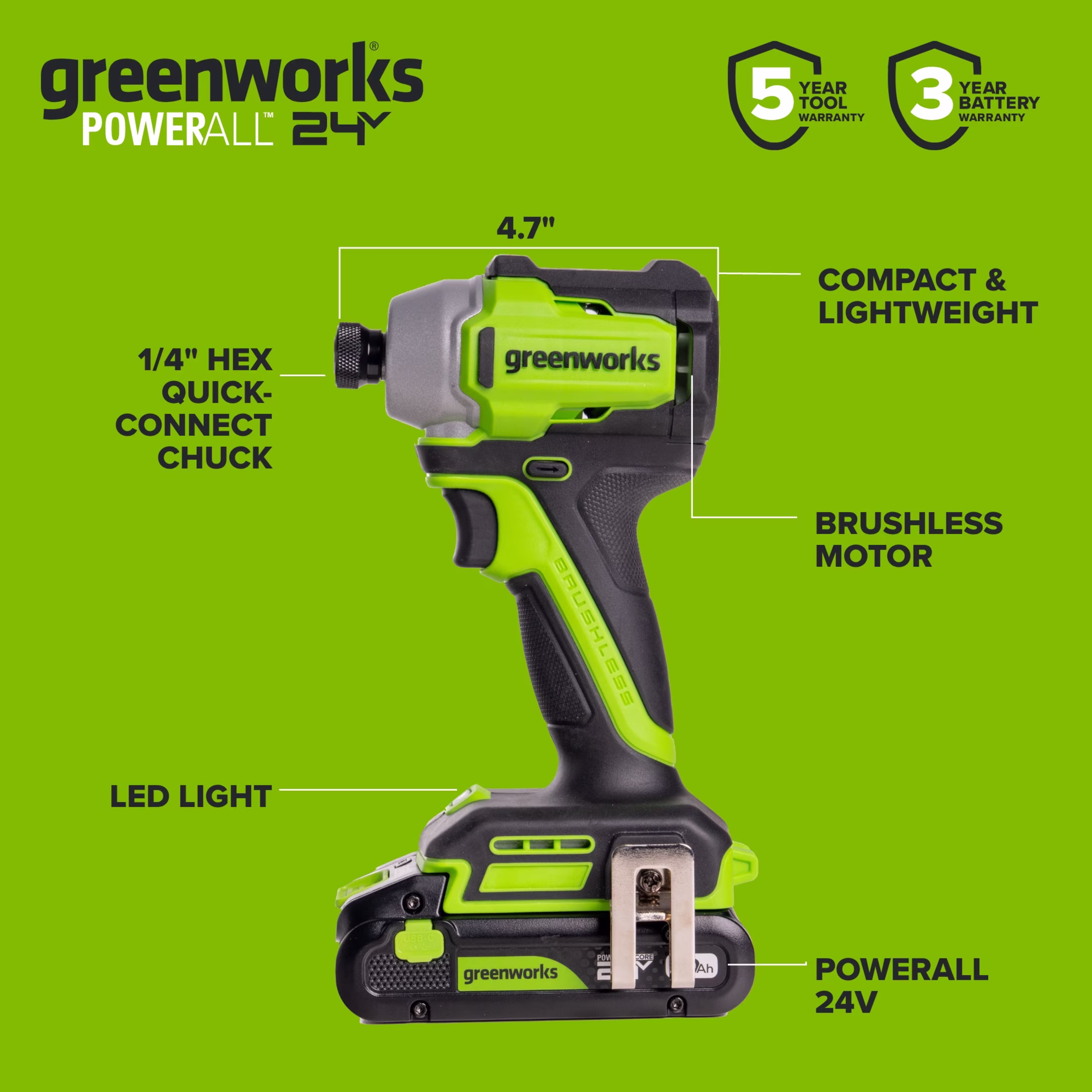 8b22b91f309de0cf2be9767c6b3757c894389e9b2eac2573174c77ae597edcb6 Greenworks PowerAll 24V Brushless 1,900 In-Lb Impact Driver, with 2.0 Ah USB-C Battery, 30W USB-C Charger Block, 3' 100W USB-C Cable, ID3200A1