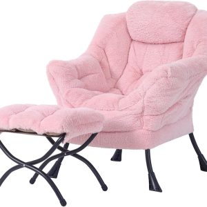 Welnow Lazy Chair with Ottoman, Modern Accent Chair with Armrests and a Side Pocket, Leisure Sofa Armchair, Reading Armchair with Footrest for Small Space, Dark Grey(Plush Pink)