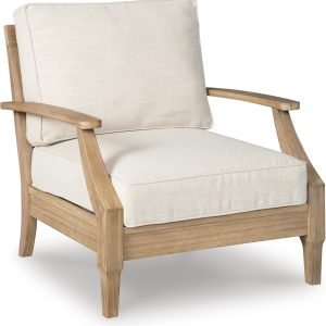 Signature Design by Ashley Clare View Coastal Outdoor Patio Eucalyptus Sofa with Cushions, Beige(Brown/Loveseat)