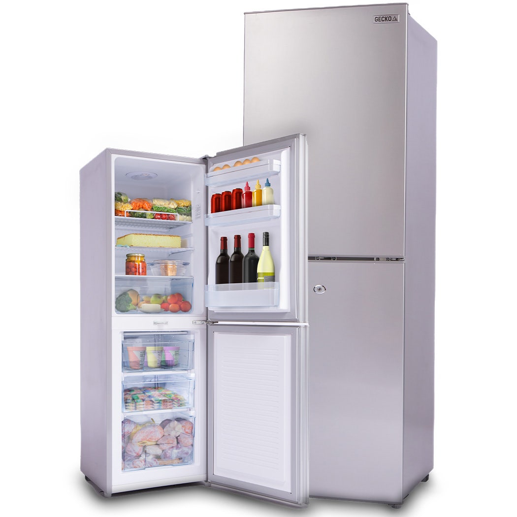 8bda43d3c45aeaede71a8b485f38a031368e1994f56e6e92b503bd2c93cff566 GECKO 160L Upright Portable Fridge / Freezer, 12V/24V for Motorhome and Caravan, Silver(Default Title)