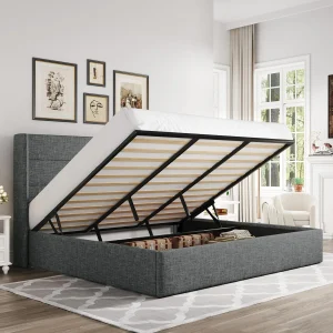 Allewie Queen Size Lift Up Storage Bed, Modern Wingback Headboard, Hydraulic Support, No Box Spring Needed, Light Beige(King/Modern/Light Grey)