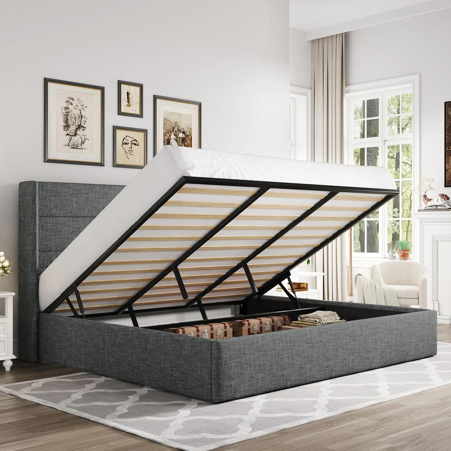8be648ff744d71695cc6b8bc6dcf8eccb1ed8df0802c195801ffef6fc47f45fc Allewie Queen Size Lift Up Storage Bed, Modern Wingback Headboard, Hydraulic Support, No Box Spring Needed, Light Beige(King/Modern/Light Grey)