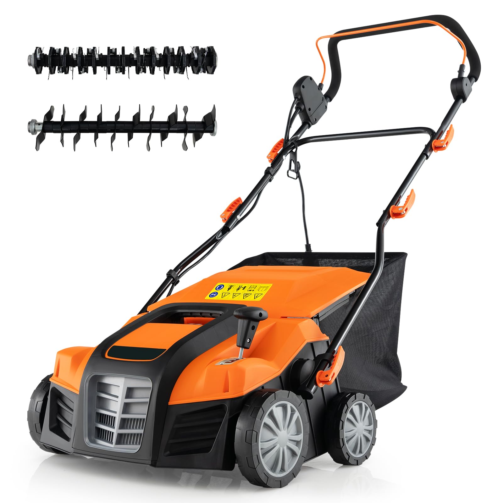 8c12b574e907e2b7fab8a8a81d8f4dc3454187cfd81592d00dfc42be777f7719 2-in-1 Scarifier and Lawn Dethatcher, 16-Inch 15A Corded Electric Dethatcher w/ 14.5-Gal Collection Bag(Orange)