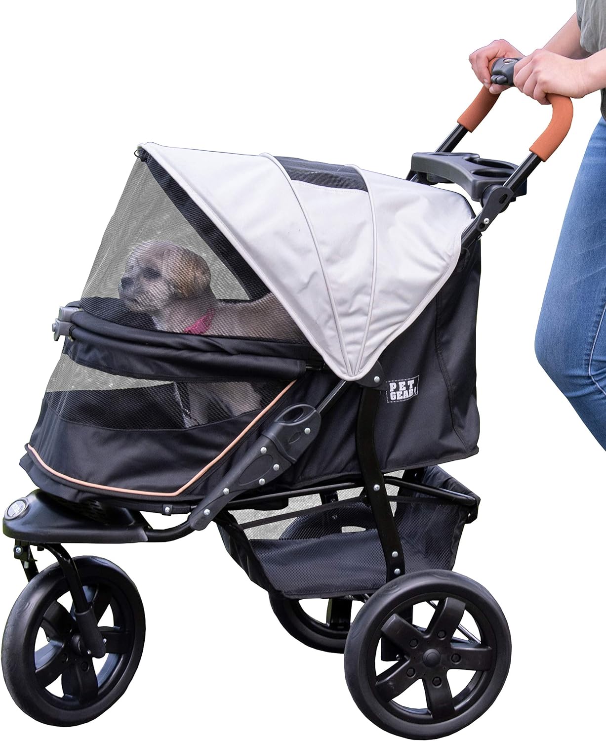 8ca135e3a1f2ea5ae8a598adff1ff3963a8668bbd6ad1c596115eaca4134232b Pet Gear No-Zip AT3 Pet Stroller for Cats/Dogs, Zipperless Entry, Easy One-Hand Fold, Jogging Tires, Removable Liner, Cup Holder + Storage Basket, 1 Model, 2 Colors(NEW Summit Grey)